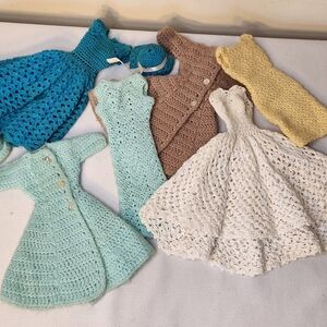 Vintage Handmade Crochet Barbie Clone Size Clothes Lot Of 6 Dresses, Coats Hats